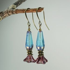 HAND CRAFTED Blue Purple Artisan Glass Flower Boho Vintage Style Dangle Earrings